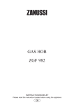Zanussi GAS HOB ZGF 982 Instruction Booklet