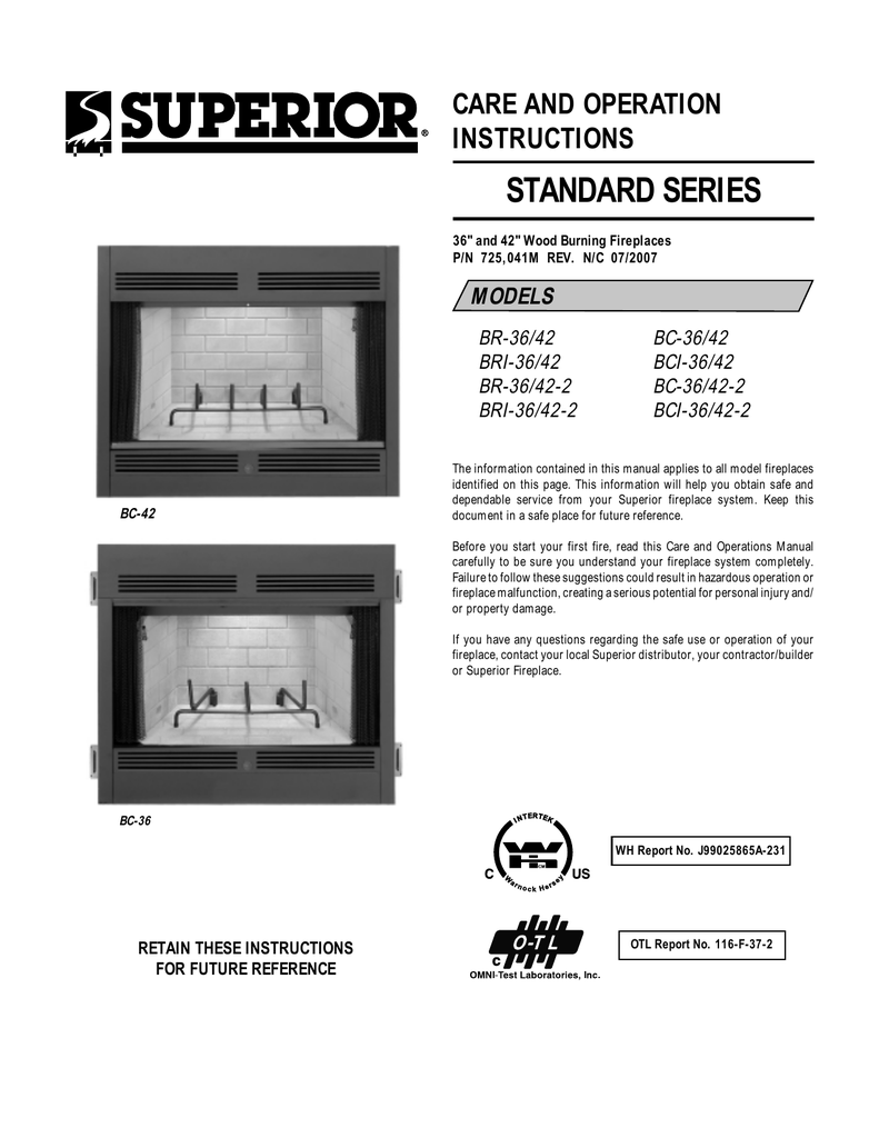 Superior Bc 36 42 2 Indoor Fireplace User Manual