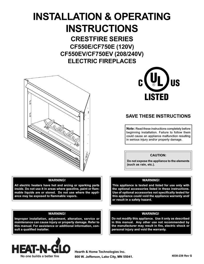 Hearth And Home Technologies Cf750e 120v Indoor Fireplace User