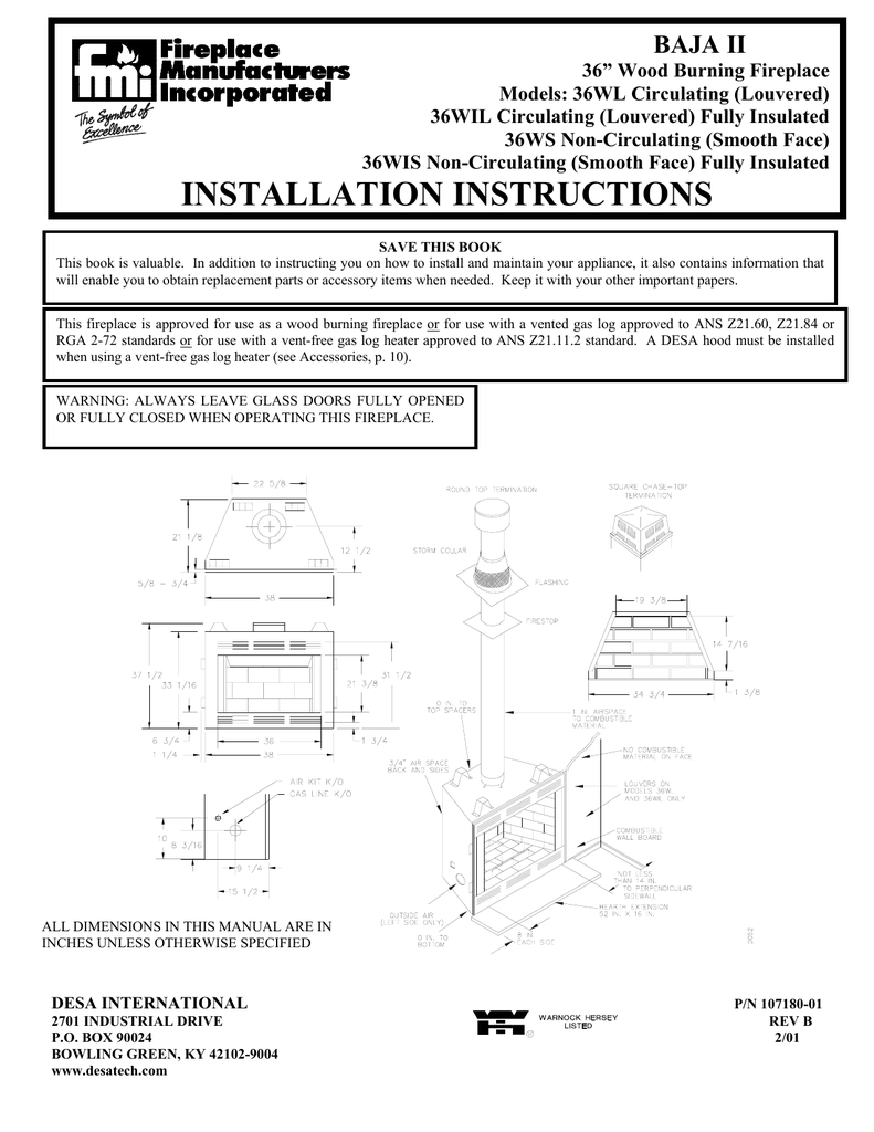 Desa 36wil Indoor Fireplace User Manual