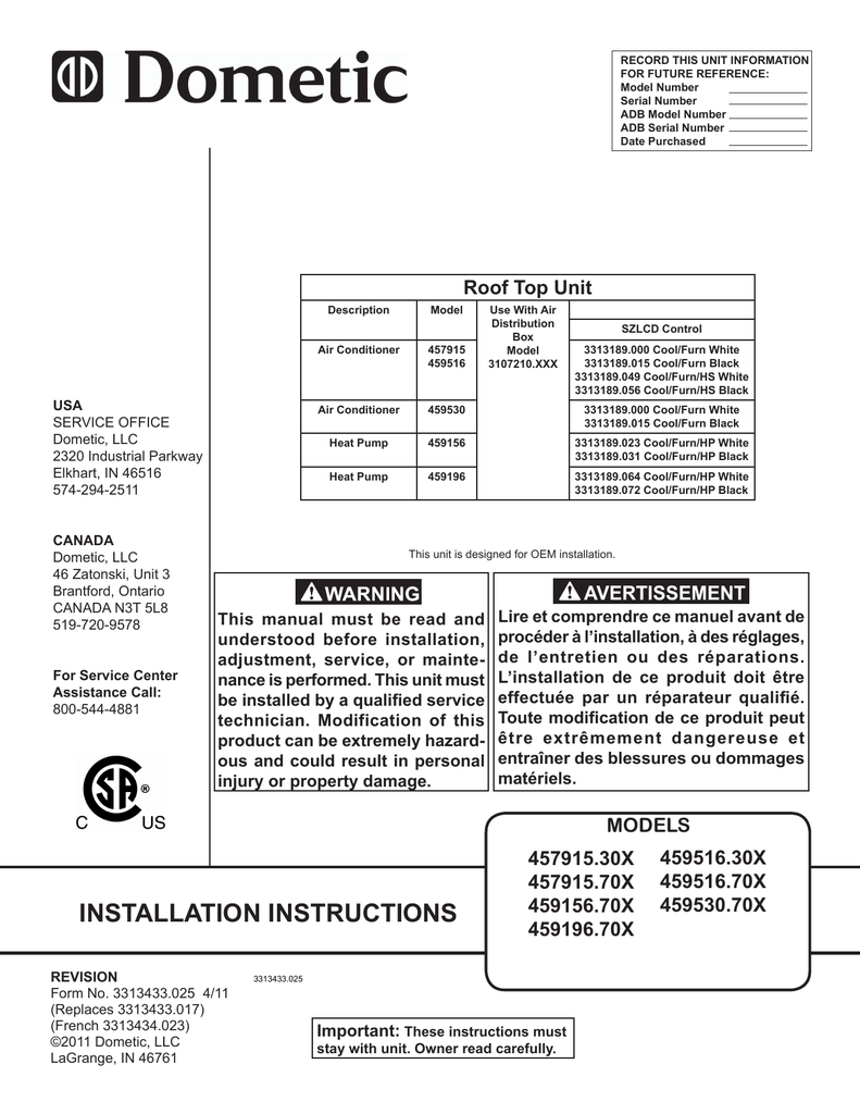 Dometic 45951670X Specifications