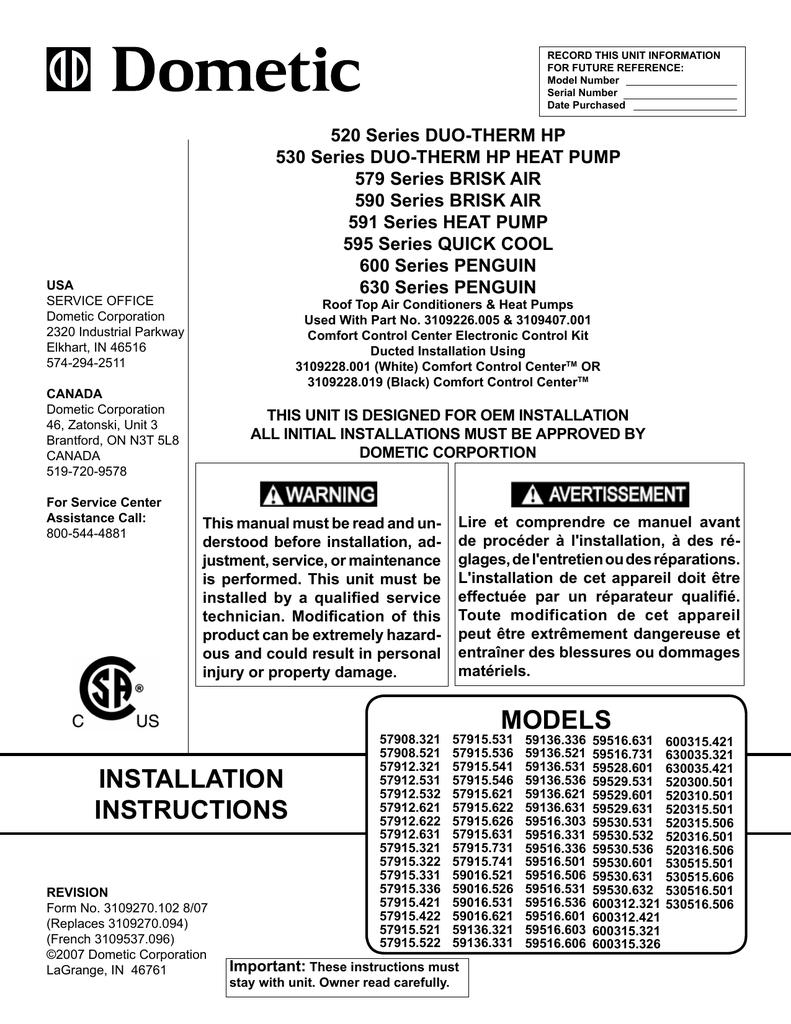 Dometic 520316 501 Specifications