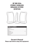 RF 900 MHz Stereo Wireless Speaker System WSP150 Owner`s