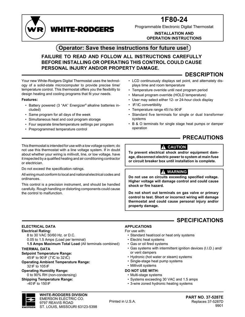 White Rodgers Thermostat 1f80 51 Wiring Diagram