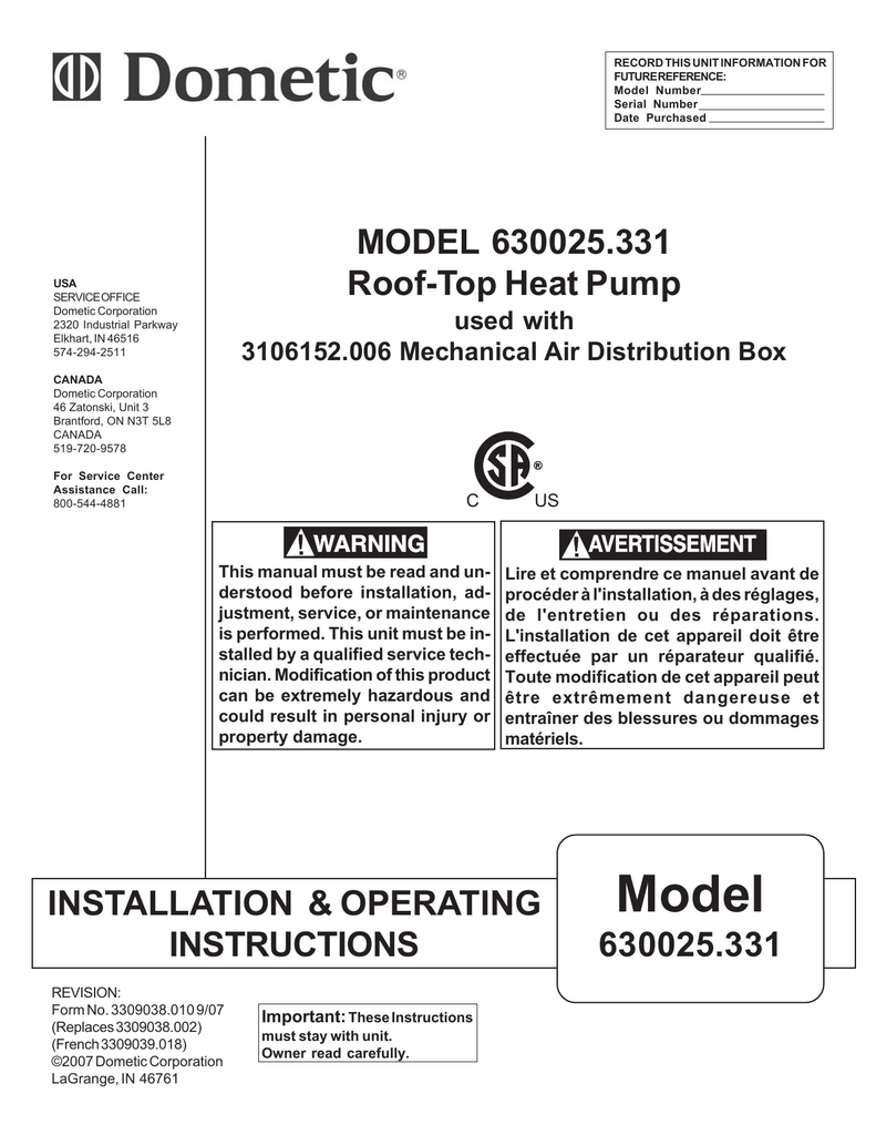 Dometic 630025331 Operating Instructions